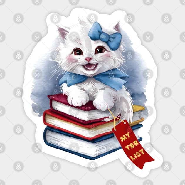 My TBR List Funny Sky Blue Book Stack Cute Coquette Kitten wearing Blue Bow and Ribbon with Red Bookmark for Book Lovers, Book Readers and White Cat Lovers Sticker by Motistry